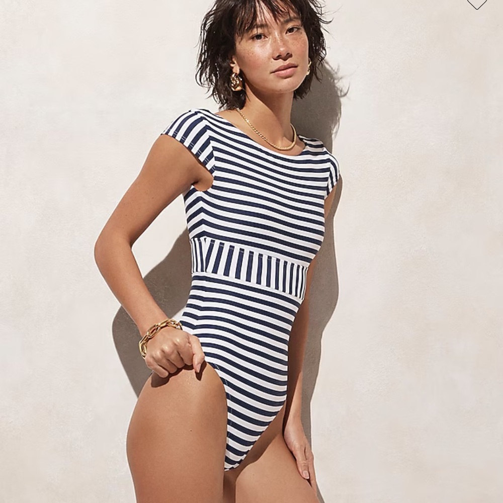 J. Crew Navy & White Stripe One Piece Swimsuit with capped sleeves & open back